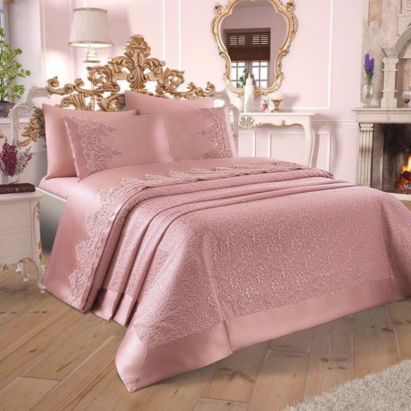 Luxueux ensemble de couvre-lit en dentelle française rose 6 pièces