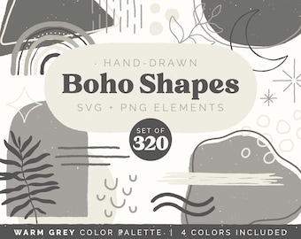 Abstract Boho Shapes Clipart Graphics Bundle | Warm Grey Set, 320 Illustrations | Neutral Aesthetic Textured SVG PNG files | COMMERCIAL use