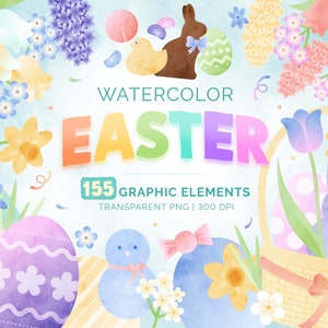 Conjunto de 155 lindo acuarela Pascua Clipart Kit de paquete de gráficos ilustrados / huevos de Pascua, dulces, flores de primavera, cesta de Pascua Clip Art PNG