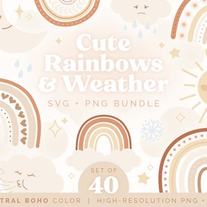 Simpatico pacchetto grafico Boho Rainbows e Weather Clipart / Set di 40 illustrazioni / Estetica Boho neutra PNG trasparenti / Uso COMMERCIALE