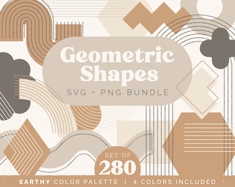 May include: A set of 280 geometric shapes in an earthy color palette. The shapes are in shades of brown, beige, and gray. The text "Geometric Shapes" and "SVG + PNG Bundle" is displayed on a white background. The text "Set of 280" is displayed in a circle with a brown outline. The text "Earthy Color Palette | 4 Colors Included" is displayed at the bottom of the image.