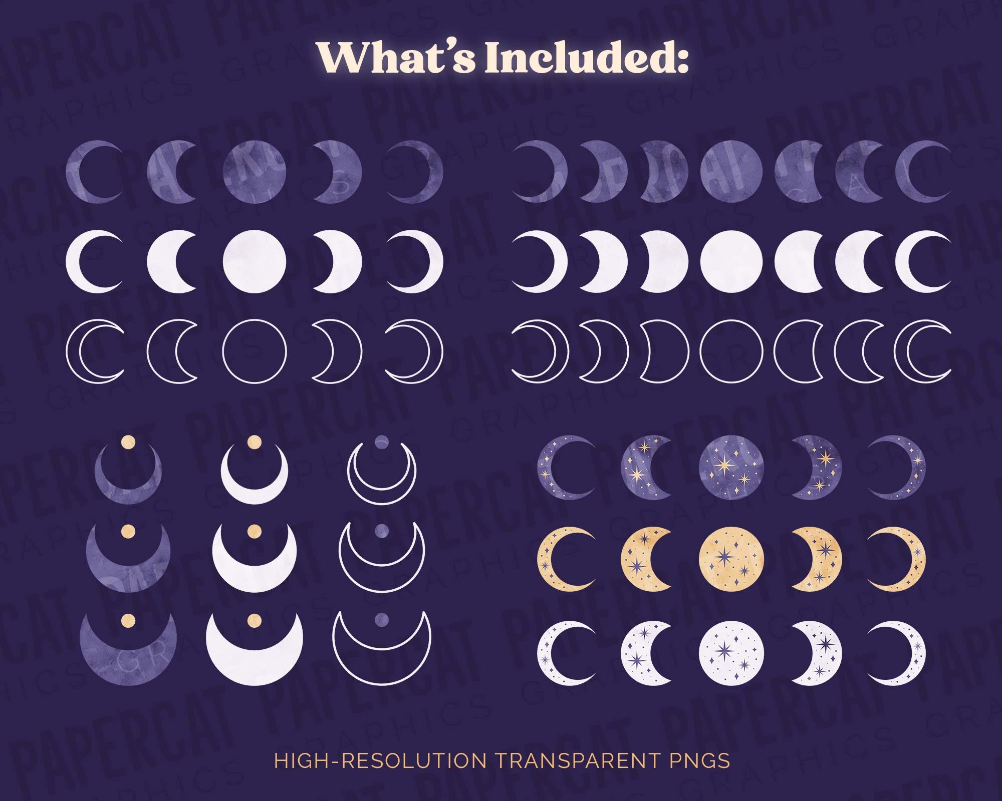 Boho Watercolor Moons Clipart Graphics Bundle | Set of 102 Moon Cycle ...