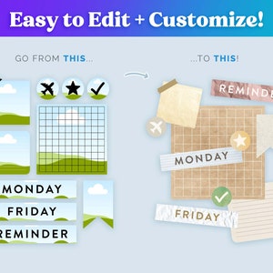 May include: A digital illustration showing how to customize a digital planner with stickers, text, and other elements. The image shows a grid with a variety of stickers, including a plane, a star, a checkmark, and a reminder sticker. The text "MONDAY", "FRIDAY", and "REMINDER" are also included in the image.