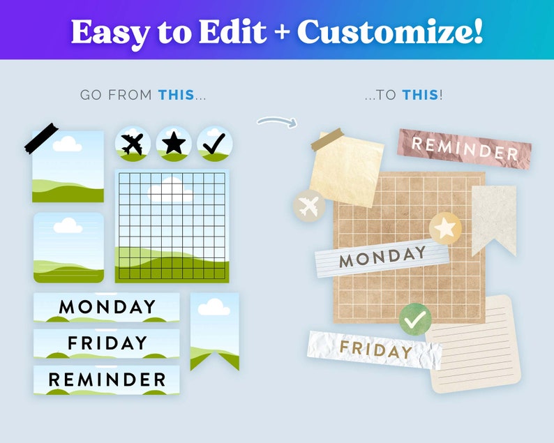 May include: A digital illustration showing how to customize a digital planner with stickers, text, and other elements. The image shows a grid with a variety of stickers, including a plane, a star, a checkmark, and a reminder sticker. The text "MONDAY", "FRIDAY", and "REMINDER" are also included in the image.