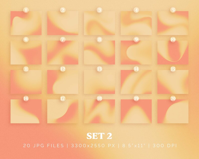 May include: Set of 20 digital paper textures in a peach and yellow color scheme. The textures are abstract and feature a gradient effect. The papers are perfect for creating backgrounds, patterns, and other digital designs.