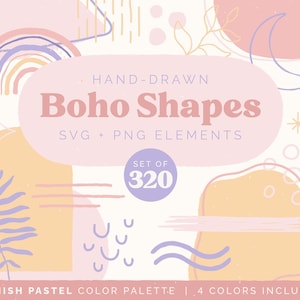 Paquete de gráficos de imágenes prediseñadas de formas boho abstractas / Conjunto de pastel danés de 320 ilustraciones / Archivos PNG SVG texturizados estéticos / Uso COMERCIAL