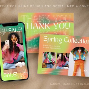 May include: A social media template with a gradient background in shades of green, yellow, and orange. The text "THANK YOU" is repeated three times in white outlined text. The text "Spring Collection" is in white outlined text. The text "fresh color trends for the new season" is in white text. The text "hautemodfashion.com" is in white text. The template features three images of people wearing colorful sweaters. The text "SALE!" is in white outlined text on a green and yellow gradient background.