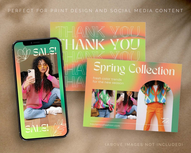 May include: A social media template with a gradient background in shades of green, yellow, and orange. The text "THANK YOU" is repeated three times in white outlined text. The text "Spring Collection" is in white outlined text. The text "fresh color trends for the new season" is in white text. The text "hautemodfashion.com" is in white text. The template features three images of people wearing colorful sweaters. The text "SALE!" is in white outlined text on a green and yellow gradient background.