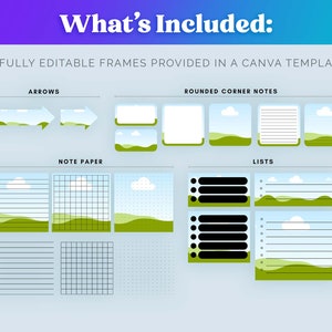 May include: A digital illustration of 65 editable frames for Canva. The frames are in a variety of styles, including arrows, note paper, rounded corner notes, and lists. The frames are all set against a light blue background with a green grassy hill and a white cloud.