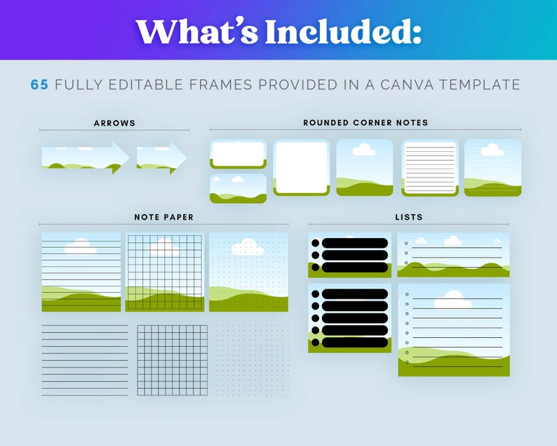 May include: A digital illustration of 65 editable frames for Canva. The frames are in a variety of styles, including arrows, note paper, rounded corner notes, and lists. The frames are all set against a light blue background with a green grassy hill and a white cloud.