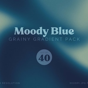 May include: A set of 40 high-resolution, grainy blue gradient backgrounds. The text "Moody Blue Grainy Gradient Pack" is displayed in a bold, retro font. The text "Set of 40" is displayed in a circle with a blue background. The text "300DPI JPG Files" is displayed at the bottom right of the image. The text "High Resolution" is displayed at the bottom left of the image.