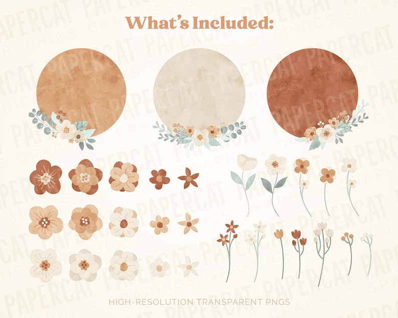 Watercolor Boho Floral Rainbows Clipart Graphics Bundle | Set of 65 Illustrations | Neutral Aesthetic Transparent PNG files | COMMERCIAL use image 6