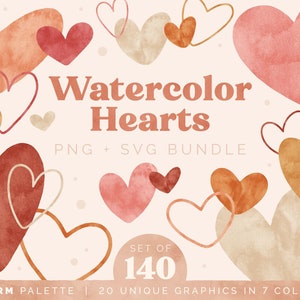 Pacote de gráficos de clipart de corações em aquarela | Conjunto de 140 ilustrações | Arquivos PNG e SVG transparentes de estética Boho quente | Uso comercial