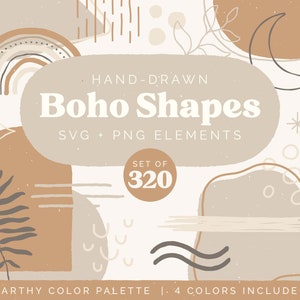 Paquete de gráficos de imágenes prediseñadas de formas boho abstractas / Conjunto terroso de 320 ilustraciones / Archivos PNG SVG con textura estética neutra / Uso COMERCIAL