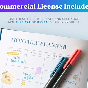 May include: A monthly planner with stickers on the pages. The stickers include a reminder for a dentist appointment, a meal prep reminder, a birthday reminder, and a Chicago trip reminder. The planner is open to the Monday, Tuesday, Wednesday, and Thursday pages.