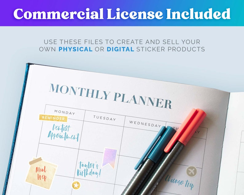 May include: A monthly planner with stickers on the pages. The stickers include a reminder for a dentist appointment, a meal prep reminder, a birthday reminder, and a Chicago trip reminder. The planner is open to the Monday, Tuesday, Wednesday, and Thursday pages.