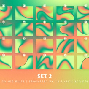 May include: Set of 20 digital abstract backgrounds in a green, yellow, and orange color scheme. The backgrounds are a mix of swirls and waves. The text "SET 2" is at the bottom of the image. The text "20 JPG FILES | 3300x2550 PX | 8.5"x11" | 300 DPI" is also at the bottom of the image.