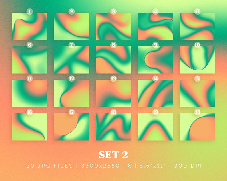 May include: Set of 20 digital abstract backgrounds in a green, yellow, and orange color scheme. The backgrounds are a mix of swirls and waves. The text "SET 2" is at the bottom of the image. The text "20 JPG FILES | 3300x2550 PX | 8.5"x11" | 300 DPI" is also at the bottom of the image.