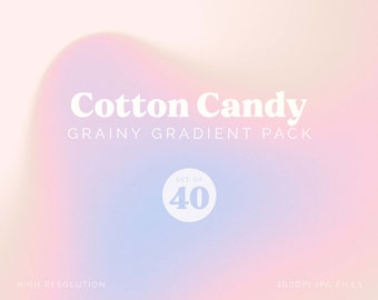 May include: A set of 40 high-resolution grainy gradient JPG files in a pastel pink and blue color scheme. The text "Cotton Candy Grainy Gradient Pack" is displayed in white text on a light blue background.
