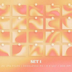 May include: Set of 20 digital paper textures in a variety of peach and orange gradient colors. Each texture is 3300 x 2550 pixels and 300 DPI. The textures are perfect for creating backgrounds, patterns, and other digital designs.