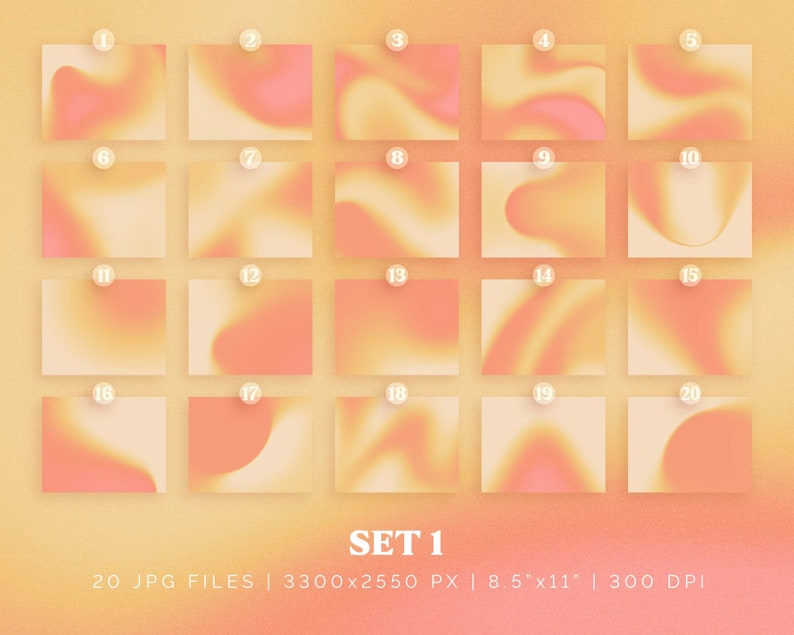 May include: Set of 20 digital paper textures in a variety of peach and orange gradient colors. Each texture is 3300 x 2550 pixels and 300 DPI. The textures are perfect for creating backgrounds, patterns, and other digital designs.