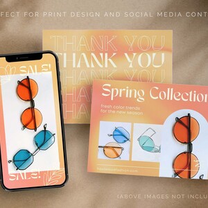 May include: A mock-up of a phone screen and two postcards. The phone screen shows a sale on sunglasses with a pink and orange gradient background. The postcards have a gradient background with the text "Thank You" and "Spring Collection" with a graphic of sunglasses.