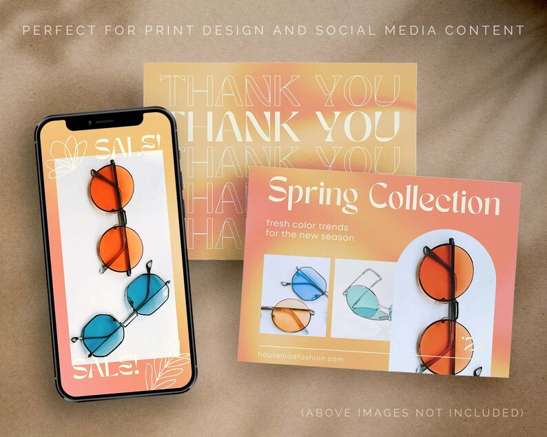 May include: A mock-up of a phone screen and two postcards. The phone screen shows a sale on sunglasses with a pink and orange gradient background. The postcards have a gradient background with the text "Thank You" and "Spring Collection" with a graphic of sunglasses.