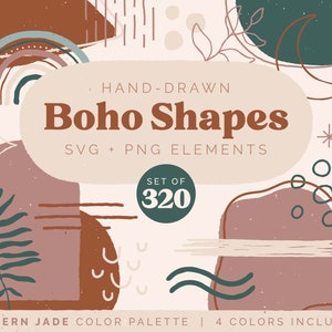 May include: A set of 320 hand-drawn boho shapes in SVG and PNG format. The shapes are in a modern jade color palette with four colors included: brown, pink, green, and white. The shapes include abstract lines, circles, moons, stars, and leaves.