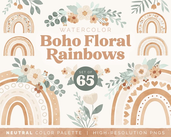 Watercolor Boho Floral Rainbows Clipart Graphics Bundle | Set of 65 Illustrations | Neutral Aesthetic Transparent PNG files | COMMERCIAL use