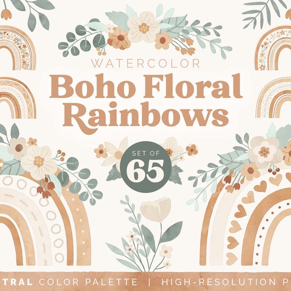 Watercolor Boho Floral Rainbows Clipart Graphics Bundle | Set of 65 Illustrations | Neutral Aesthetic Transparent PNG files | COMMERCIAL use