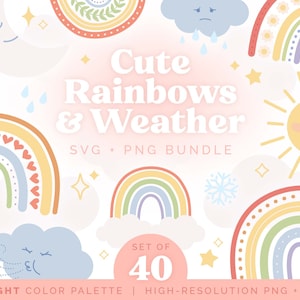 Pacote de gráficos de clipart de arco-íris boho fofo e clima | Conjunto de 40 ilustrações | Paleta colorida brilhante PNGs transparentes | Uso comercial