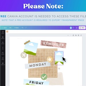 May include: A digital design mockup on a computer screen showing a brown grid with a reminder, Monday, and Friday labels. There are also several images and stickers on the grid. The screen is open in Canva.