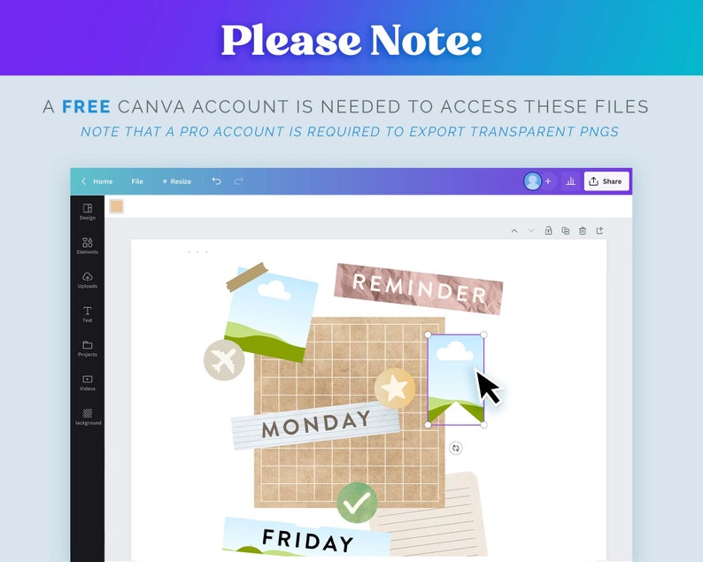 May include: A digital design mockup on a computer screen showing a brown grid with a reminder, Monday, and Friday labels. There are also several images and stickers on the grid. The screen is open in Canva.