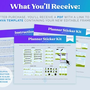 May include: A set of 65 planner sticker frames in a Canva template. The frames are designed for use in digital planners and include labels, tabs, sticky notes, icons, and bookmarks. The frames feature a green and blue landscape design with clouds.
