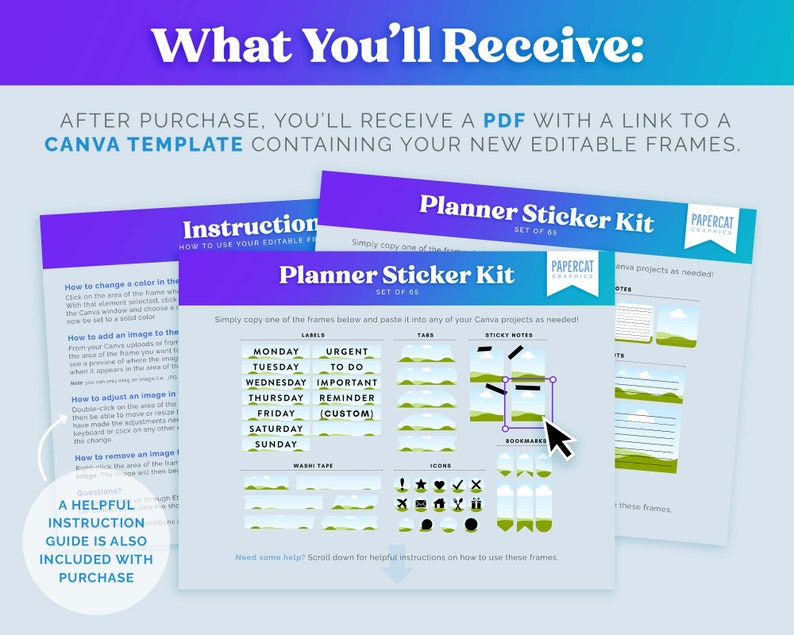 May include: A set of 65 planner sticker frames in a Canva template. The frames are designed for use in digital planners and include labels, tabs, sticky notes, icons, and bookmarks. The frames feature a green and blue landscape design with clouds.