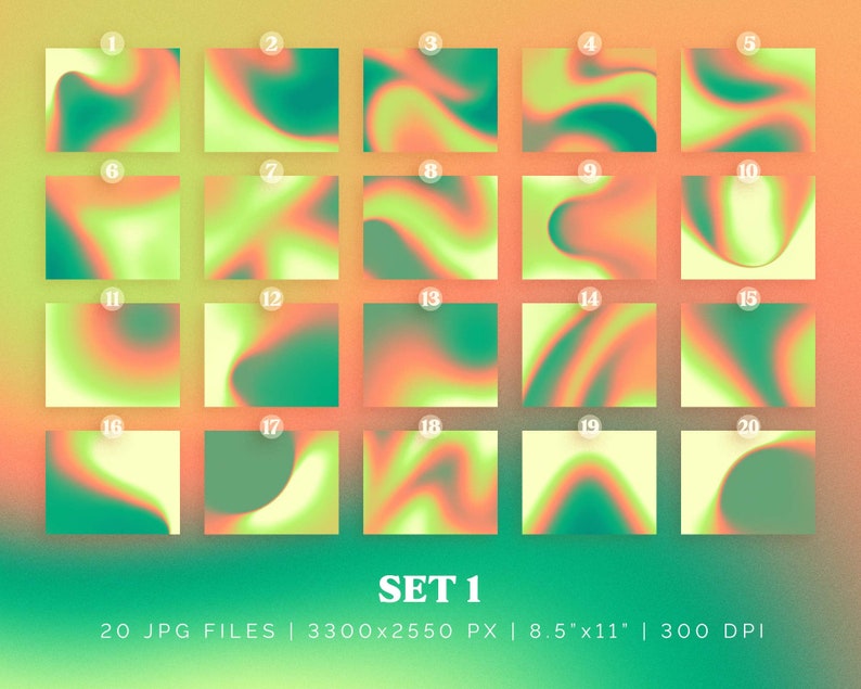 May include: Set of 20 digital backgrounds with abstract, colorful, and fluid designs. Each background is 3300 x 2550 pixels and 8.5 inches by 11 inches. The backgrounds are in a variety of colors, including green, yellow, orange, and red.