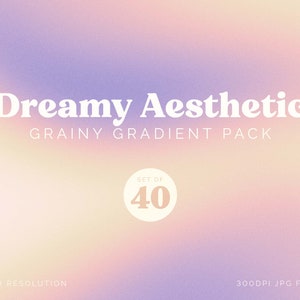 Puede incluir: Un conjunto de 40 fondos de degradado granulado estéticos y de ensueño en un paquete de archivos JPG de 300 DPI. La imagen muestra un degradado suave rosa y morado pastel con una textura granulada.