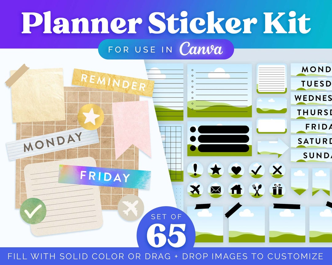 Planner Sticker Kit: Set of 65 Editable Canva Frames | Easy Drag and ...