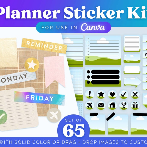 Planner Sticker Kit: Set of 65 Editable Canva Frames | Easy Drag and Drop Customizable Graphics, Make Your Own DIY Stickers | COMMERCIAL use