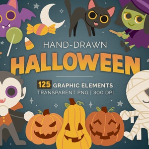 Set von 125 niedlichen handgezeichneten Halloween Cliparts Illustrierte Grafiken Bundle Kit | Monster, Süßigkeiten, Kürbisse, Herbstblätter, Gespenster Clip Art PNG