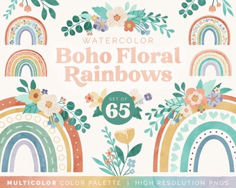 Watercolor Boho Floral Rainbows Clipart Graphics Bundle | Set of 65 Illustrations | Bright Multicolor Transparent PNG files | COMMERCIAL use