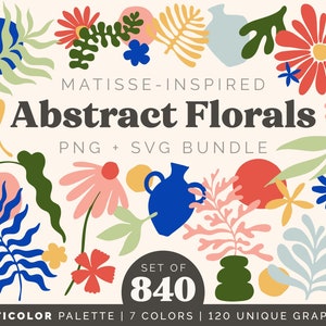 Abstract Floral Shapes Clipart Bundle | Matisse Style Set of 840 Plant Illustrations | Multicolor Midcentury SVG PNG files | COMMERCIAL use