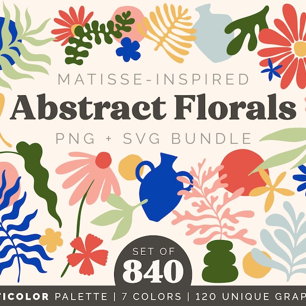 Paquete de imágenes prediseñadas de formas florales abstractas / Conjunto de estilo Matisse de 840 ilustraciones de plantas / Archivos PNG SVG multicolores de mediados de siglo / Uso COMERCIAL