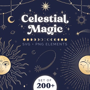 May include: A digital art collection titled "Celestial Magic" featuring celestial-themed SVG and PNG elements. The design includes gold suns, moons, stars, and constellations on a dark blue background. The text "Celestial Magic" is displayed prominently, along with "SVG + PNG ELEMENTS" and "SET OF 200+".