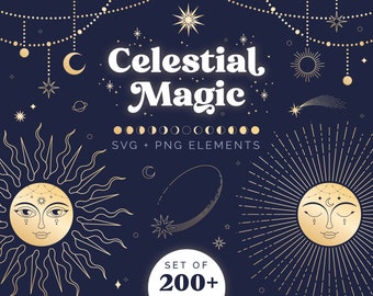 Celestial Magic Clipart Graphics Bundle | Mystical Set of 205 Illustrations | Gold, Black, and White SVG and PNG files | COMMERCIAL use