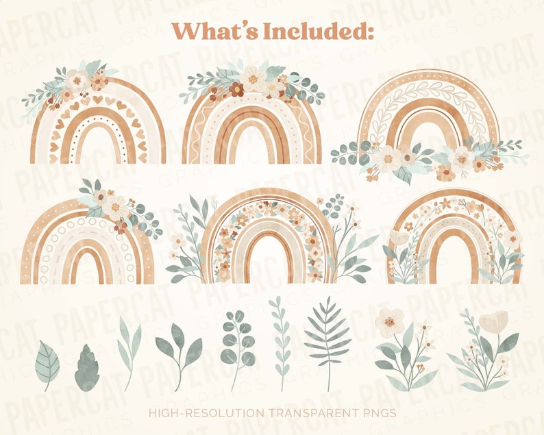 Watercolor Boho Floral Rainbows Clipart Graphics Bundle | Set of 65 Illustrations | Neutral Aesthetic Transparent PNG files | COMMERCIAL use image 4