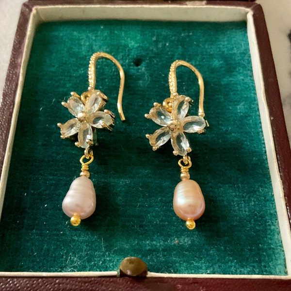 Genuine Rose BaROQUE PEARL GOLD Plated FLOWER Vintage Earrings - Luxury Design Jewel- Gold Plated Flower - Genuine Pearl - from France