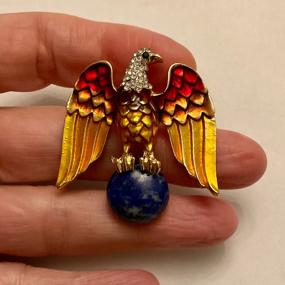 Vintage EAGLE LAPIS LAZULI Enamel Strass BRoOCH - Design Creator - Genuine Lapis Lazuli - Creator Brooch Vintage from France