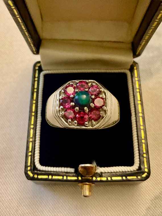 Black OPAL GARNET GoLD/ Sterling Vintage Ring - C… - image 10