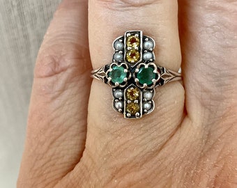 Victorian Genuine EMERALD Seed PEARL CITRINE Sterling Vintage Ring - Design - Natural Stones - Sterling Silver - Ring From France